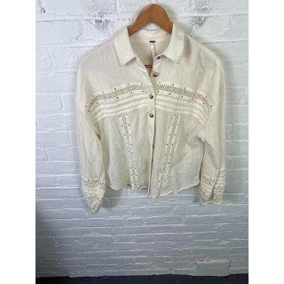 Free People Women's Ranch Style Summer Stars Button-Up Shirt Ivory Size S - Picture 7 of 11